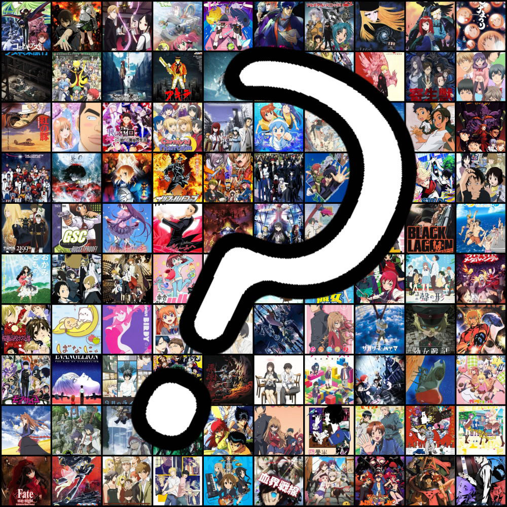 Question mark over grid of anime.
